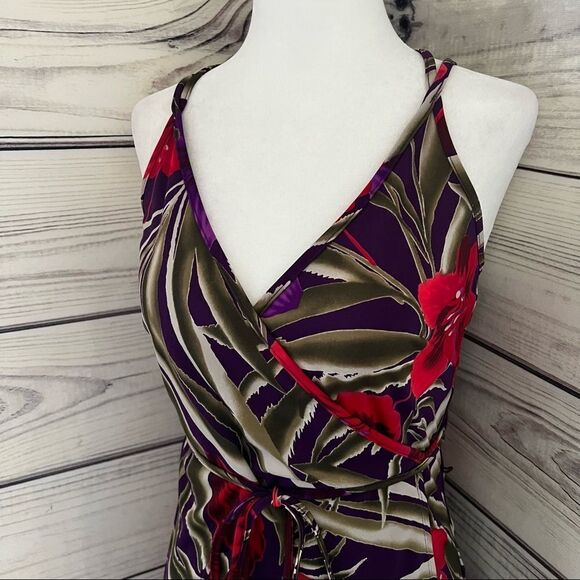 EXPRESS Red & Purple Floral Tropical Strappy Back Wrap Dress Size 3/4 - Picture 2 of 6